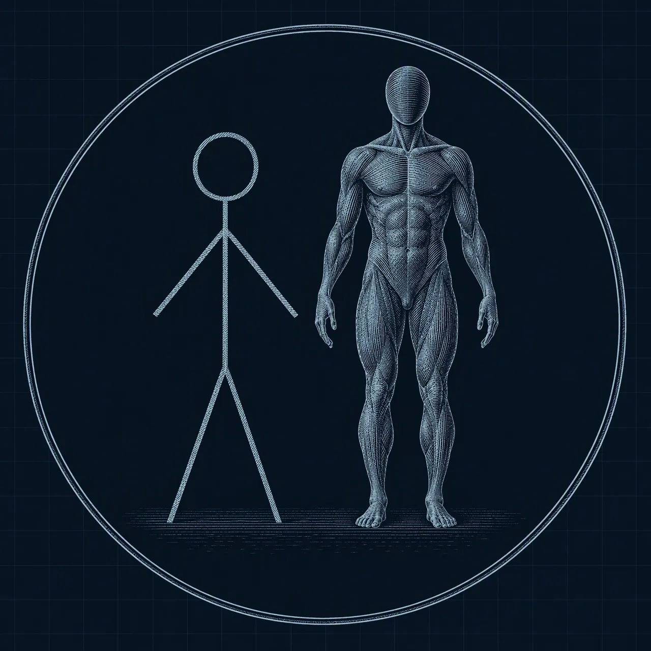 示意图：一个简笔小人与一个精细的人体轮廓