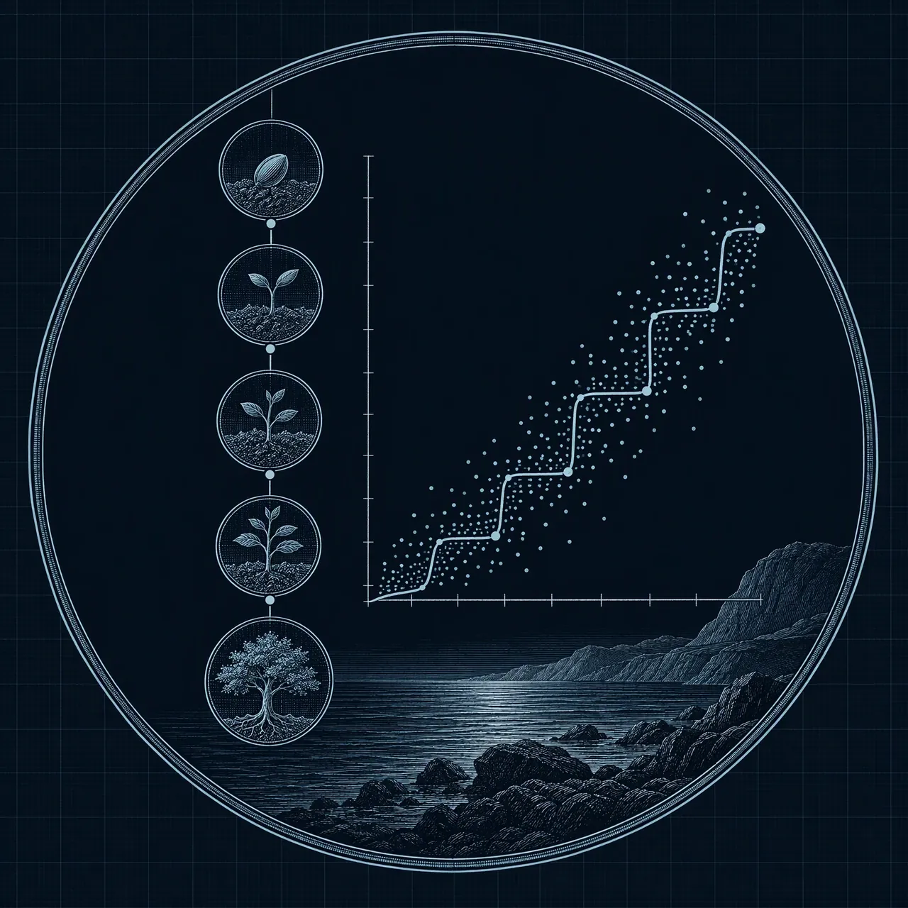 示意徽章：一列试验节点与一条阶梯状曲线