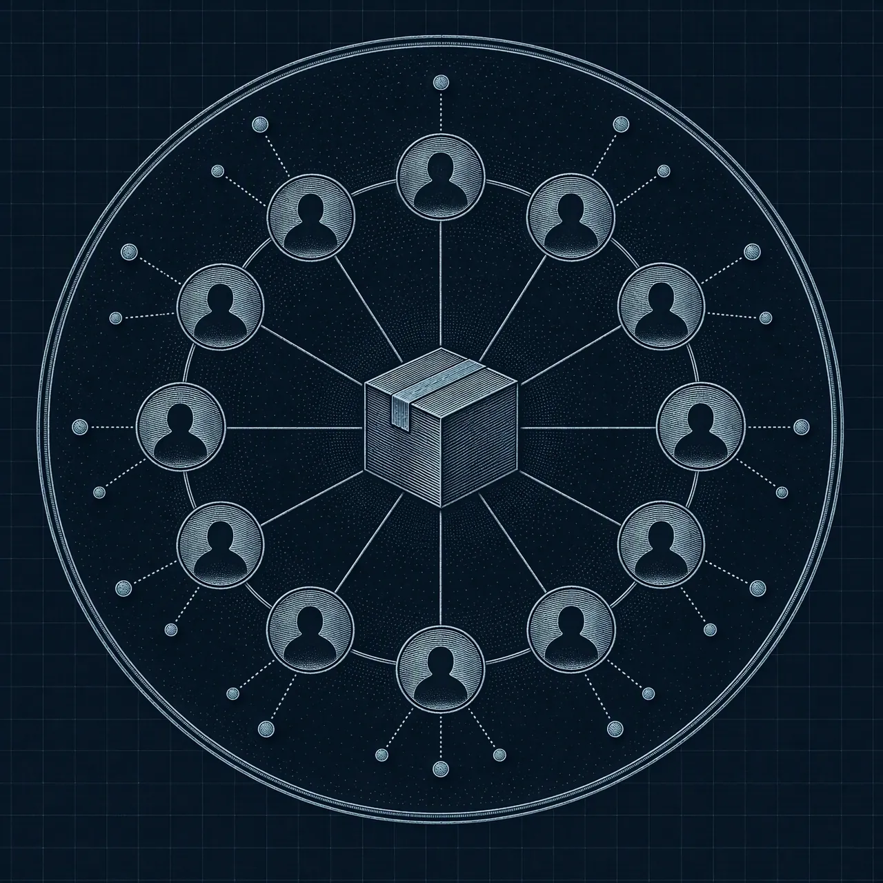 示意徽章：一件新品被一圈消费者节点包围